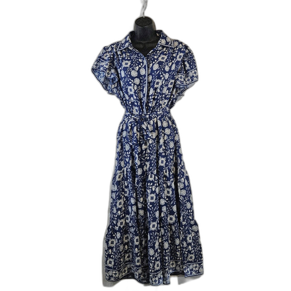New Max Studios Hidden Button Midi Dress Sz M Shirred waist flutter sleeve
